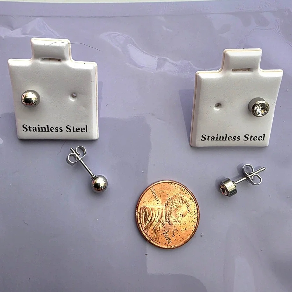 4 Pairs Stainless Steel Earrings Rhinestone Ball Studs Hinged Huggie Hoops New